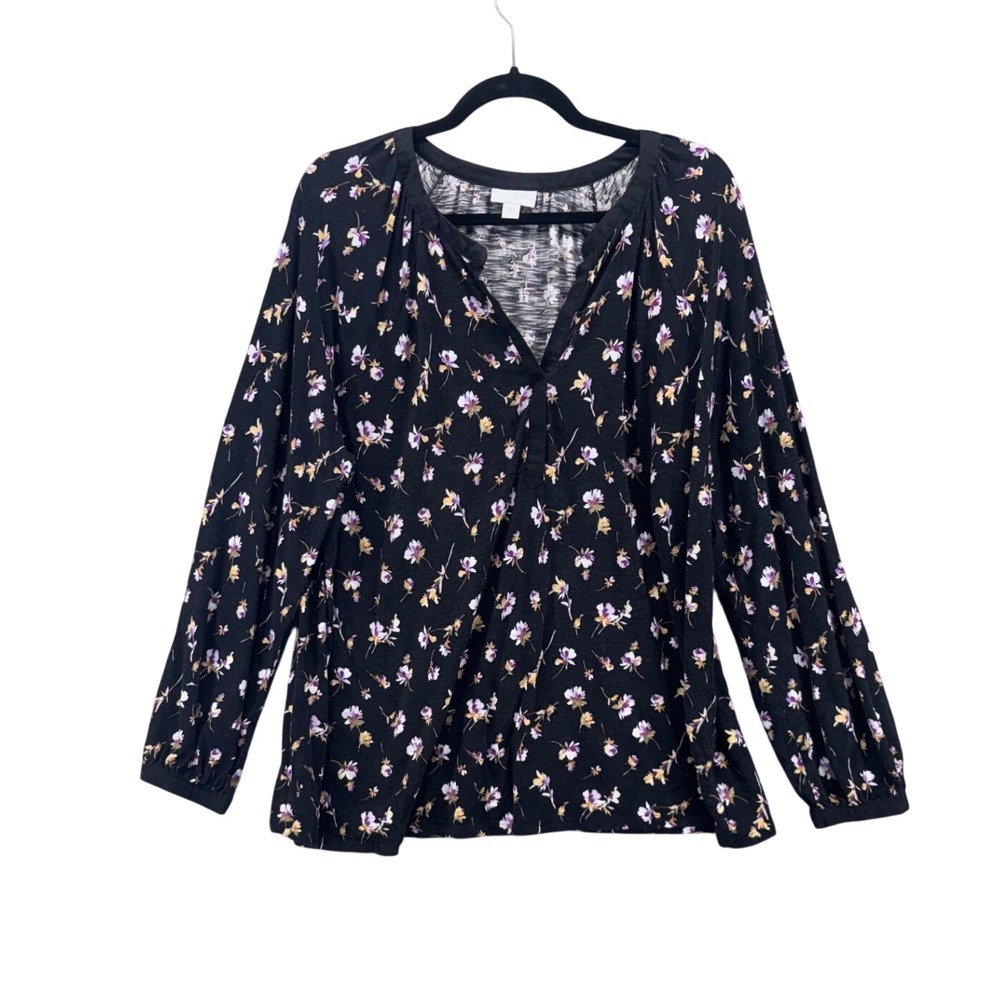 J Jill Womens Split Neck Top Size 2X Dark Romantic Bohemian Peasant Dark Florals